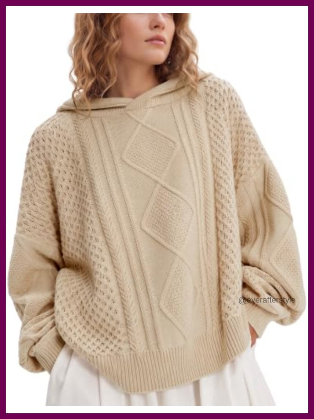 Oversized Cable Knit Hooded Sweater Acrylic Long Sleeve Pullover